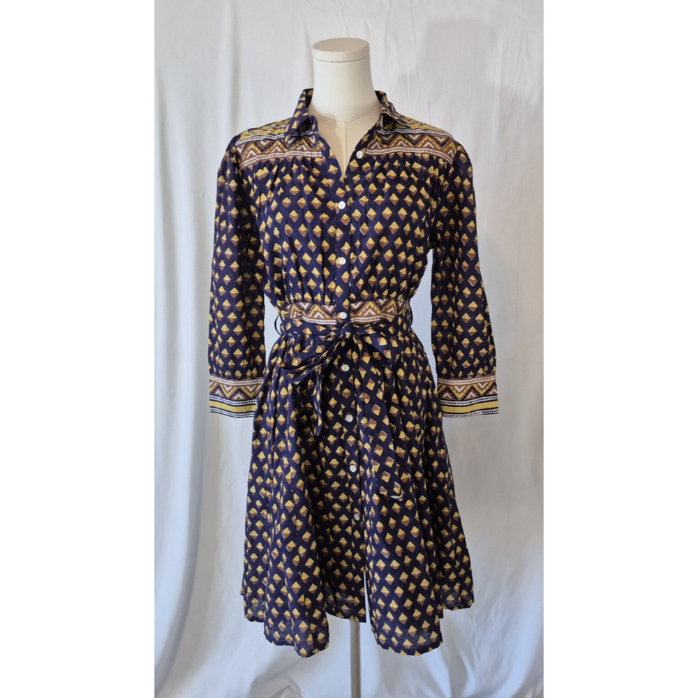 Uncle Frank Womens Blue Brown Yellow Handblock Belted Shirt Dress Small Cotton
